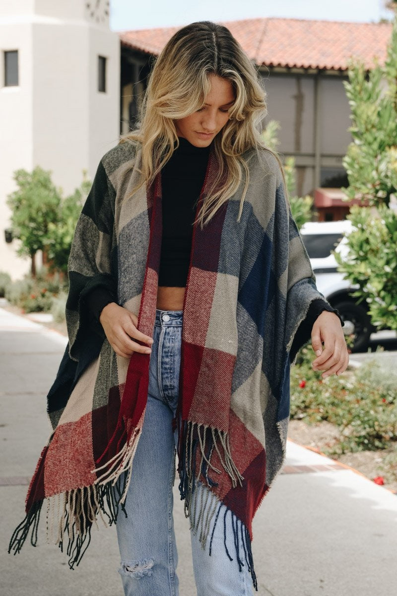 Check Ruana with Tassel Trim Ponchos Leto Collection   