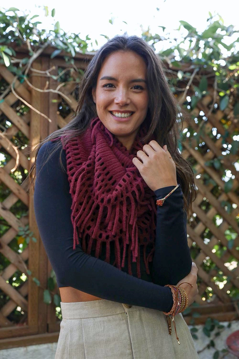 Fuzzy Chenille Tassel Infinity Scarf Scarves Leto Collection Burgundy  