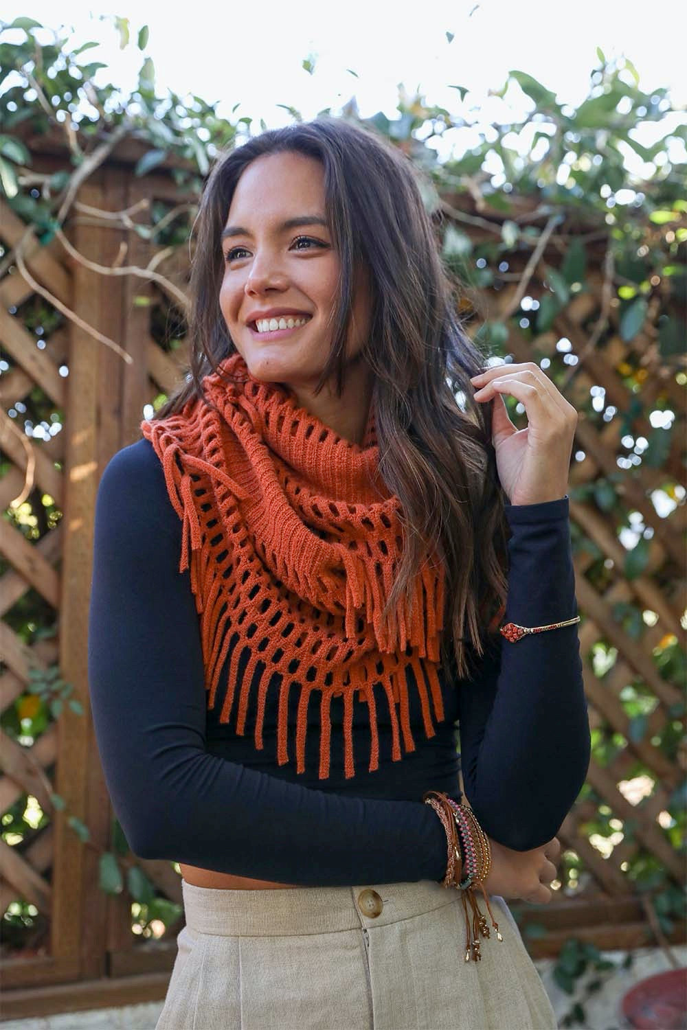 Fuzzy Chenille Tassel Infinity Scarf Scarves Leto Collection Rust  