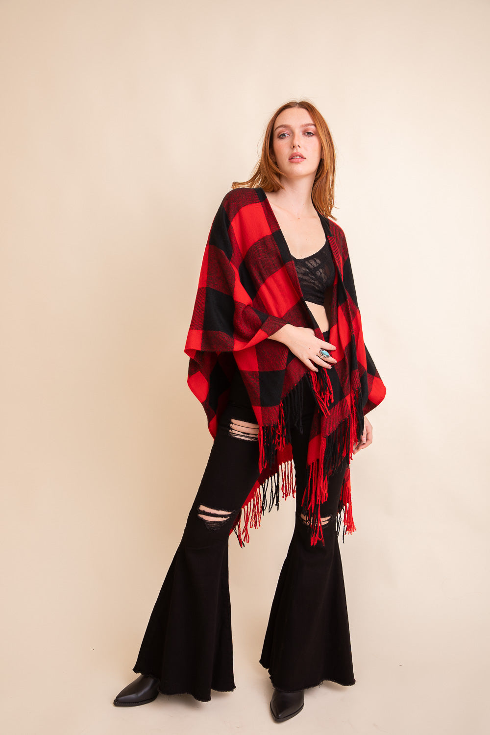 Classic Buffalo Check Tassel Ruana Ponchos Leto Collection   