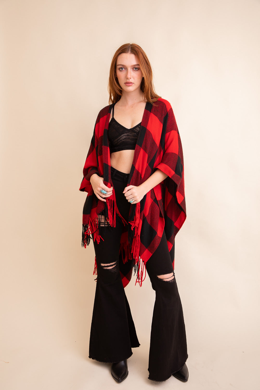 Classic Buffalo Check Tassel Ruana Ponchos Leto Collection One Size Red Black 