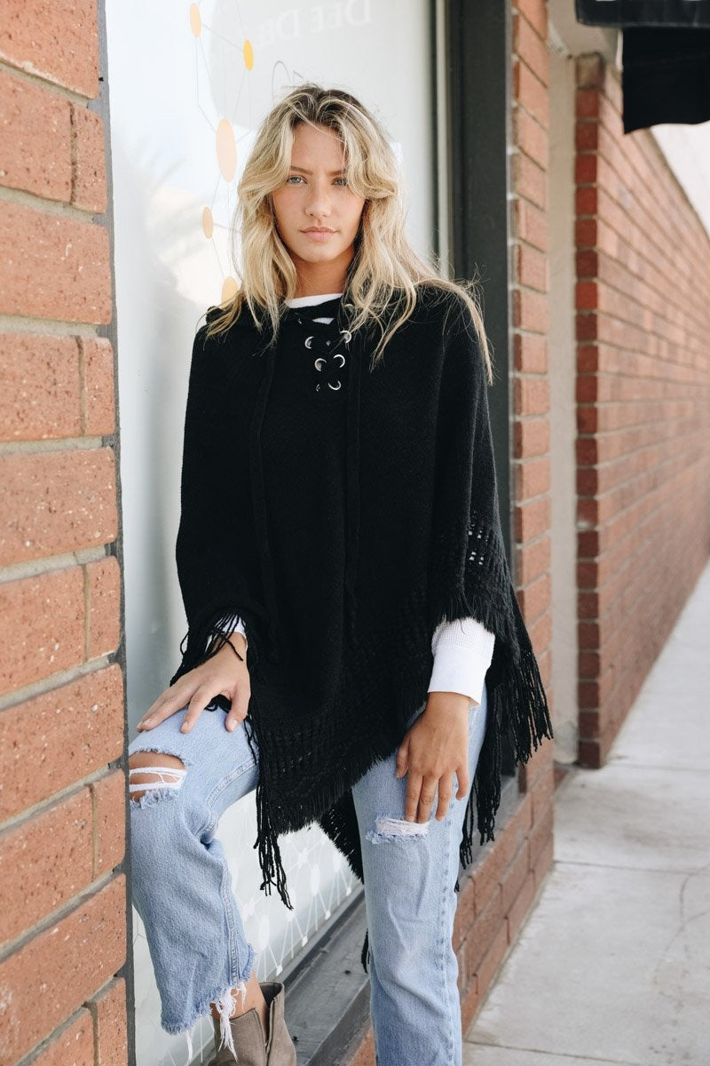 Classic Knit Hooded Poncho Ponchos Leto Collection Black  