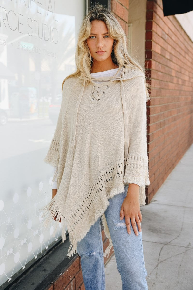 Classic Knit Hooded Poncho Ponchos Leto Collection Oatmeal  