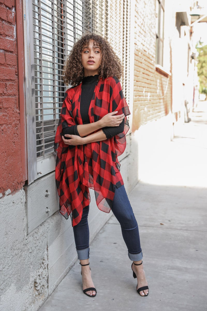 Classic Buffalo Check Kimono Kimono Leto Collection One Size Red 