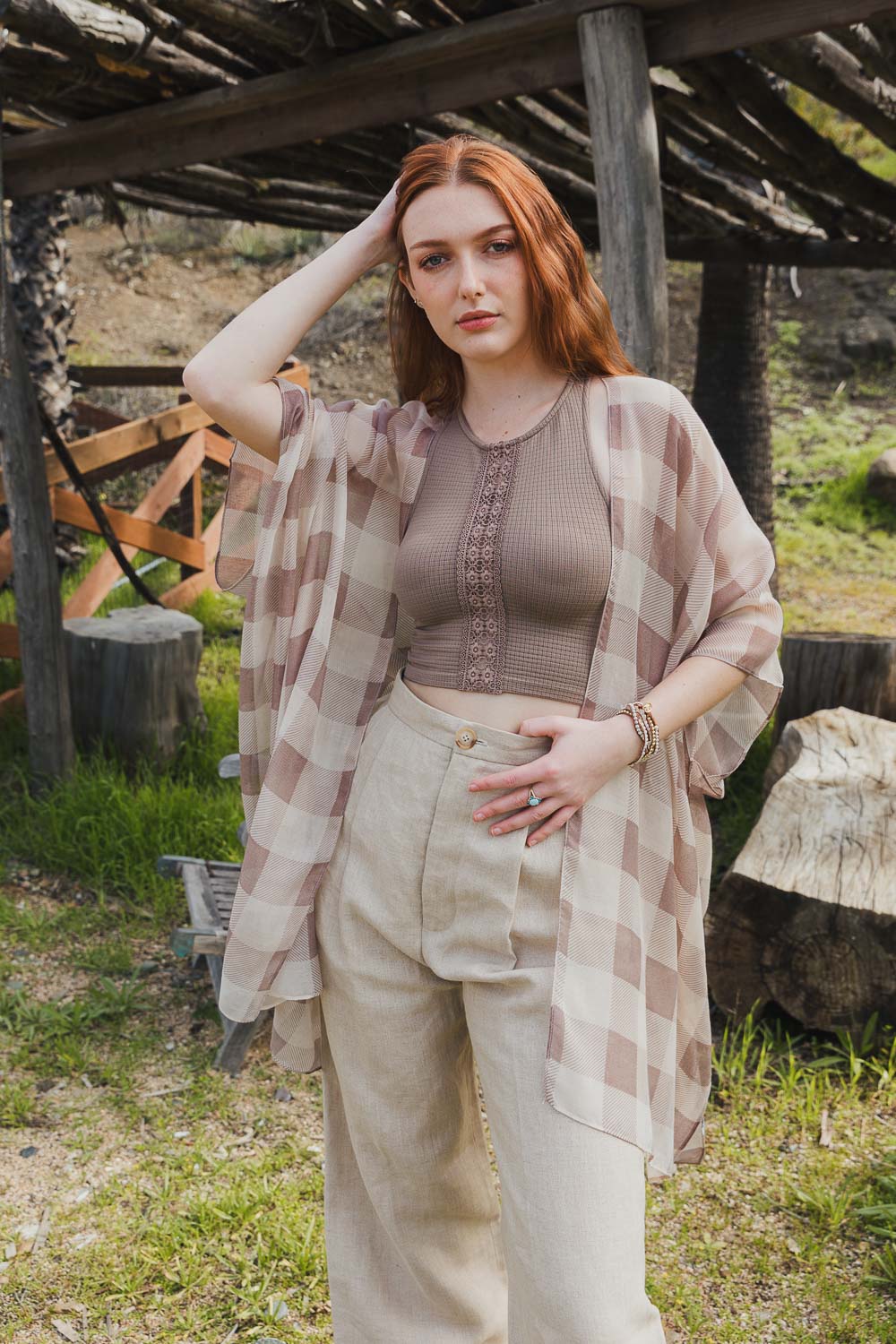 Classic Buffalo Check Kimono Kimono Leto Collection One Size Taupe 