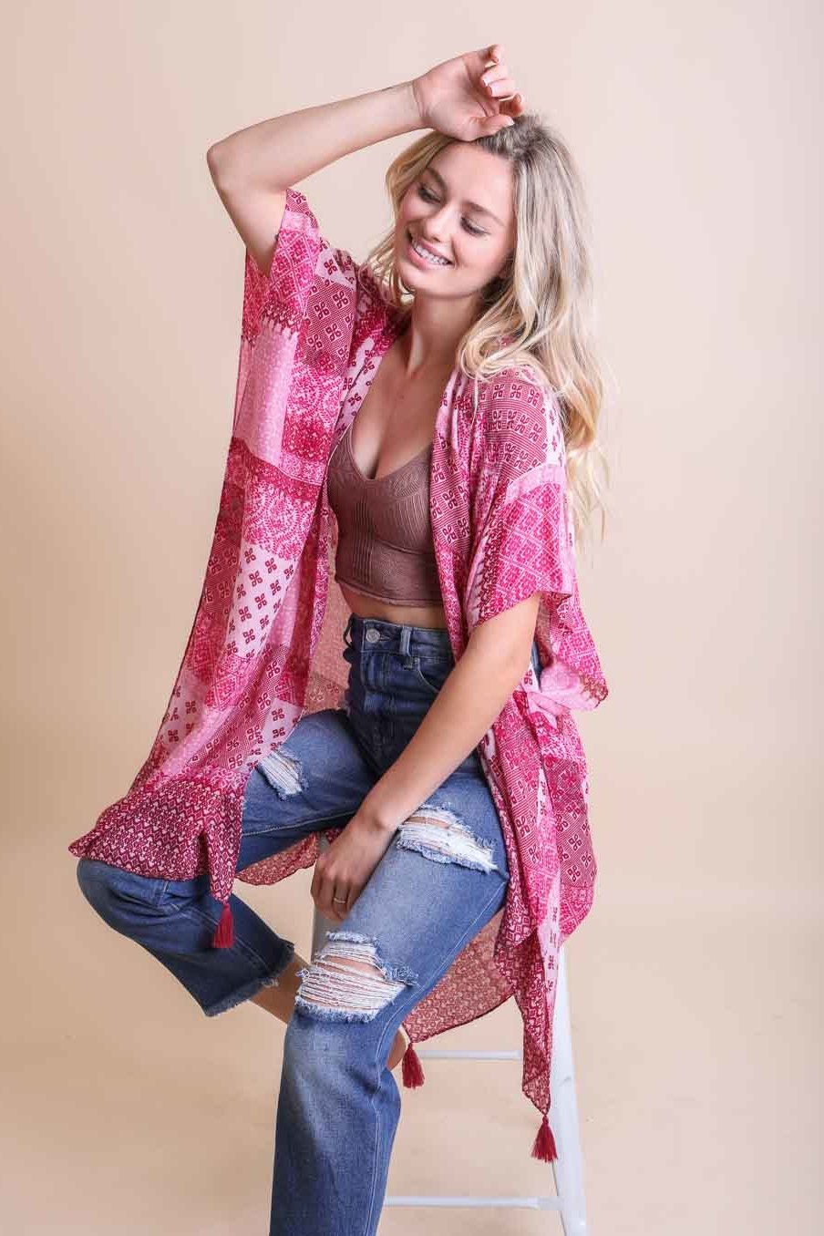 Color Graded Patchwork Kimono Kimono Leto Collection Fuchsia  