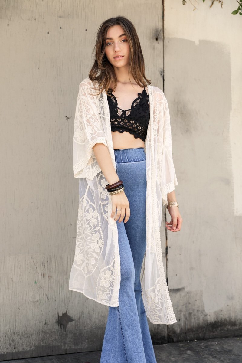 Contrast Mesh Cotton Lace Kimono Kimono Leto Collection Ivory  