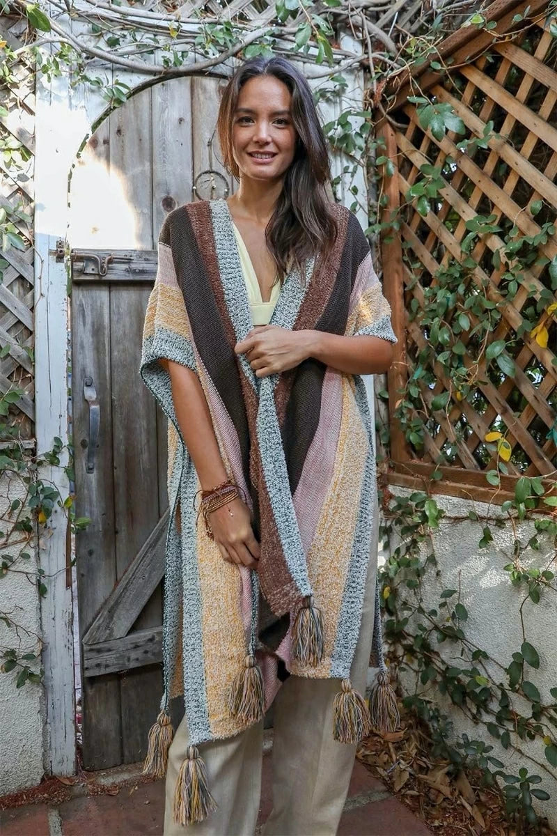 Multi-Color Striped Tassel Poncho Ponchos Leto Collection   