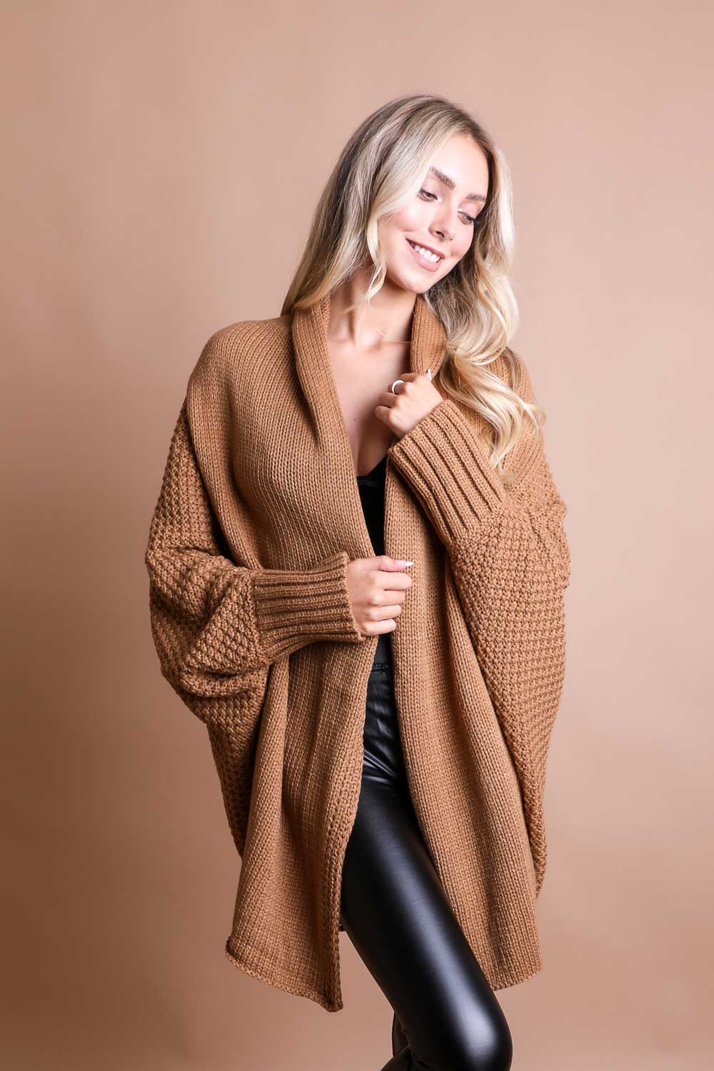 Cozy Chic Bat Wing Bliss Knit Cardigan Cardigan Leto Collection One Size Camel 