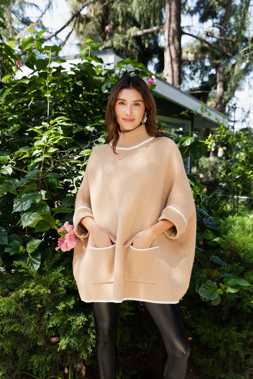 CozyCove Turtle Neck Poncho with Easy Sleeves Ponchos Leto Collection One Size Khaki 