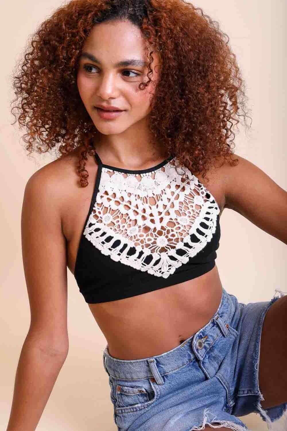 Crochet Lace High Neck Bralette – Halter Style with Cross-Back - NeoKira Unlimited