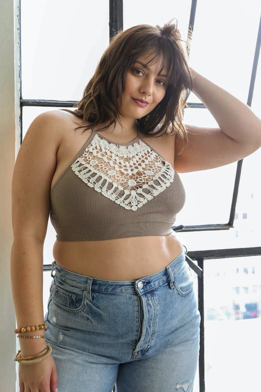 Feminine crochet lace mocha bralette with high neck and breathable fit.