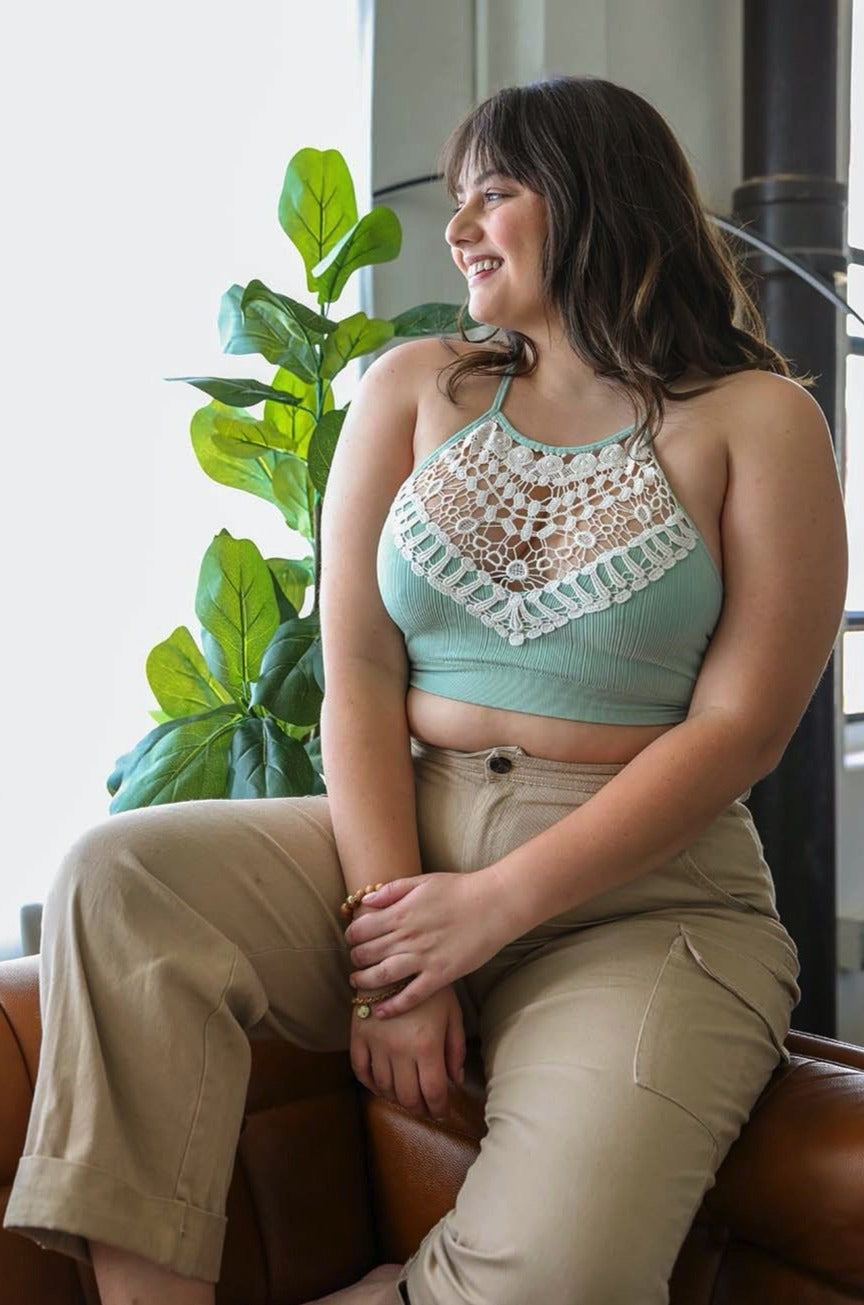 Crochet Lace High Neck Bralette – Halter Style with Cross-Back - NeoKira Unlimited