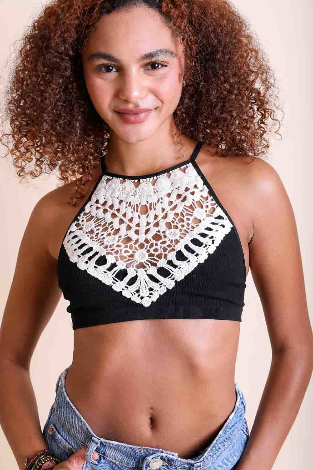 Crochet Lace High Neck Bralette – Halter Style with Cross-Back - NeoKira Unlimited