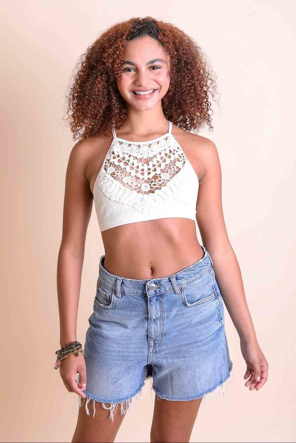 Crochet Lace High Neck Bralette – Halter Style with Cross-Back - NeoKira Unlimited