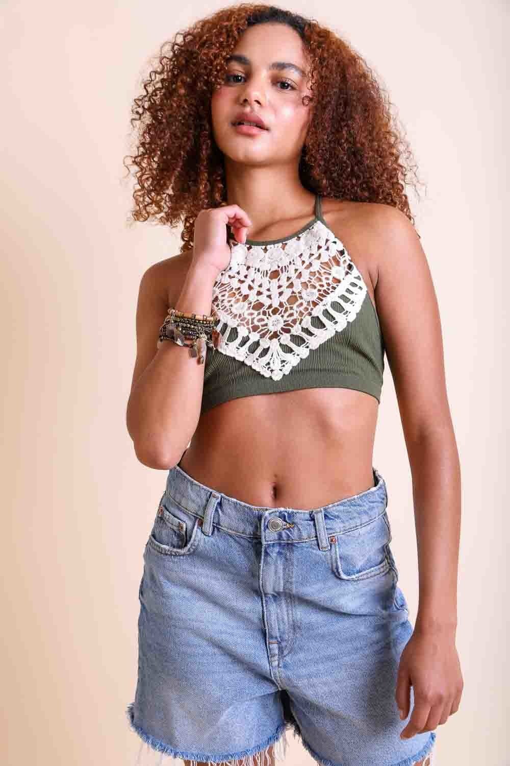 Crochet Lace High Neck Bralette Bralette Leto Collection XS/S Olive 