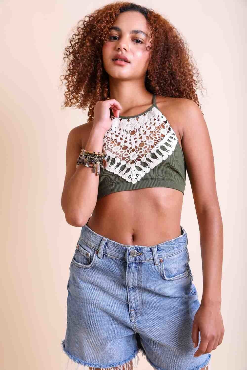 Crochet Lace High Neck Bralette – Halter Style with Cross-Back - NeoKira Unlimited