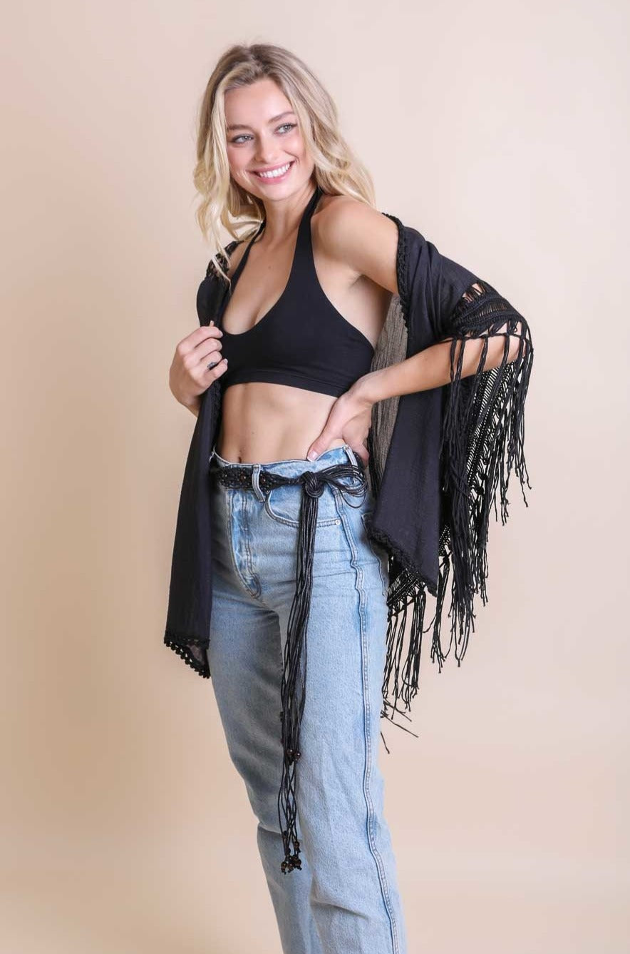 Crochet Medallion Tassel Kimono Ponchos Black