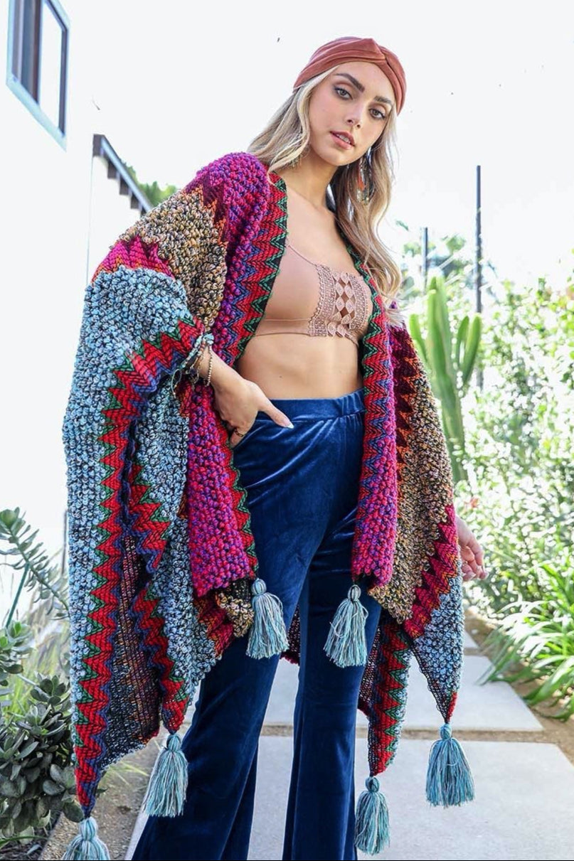 Crochet Patterned Ruana with Tassels - NeoKira Unlimited