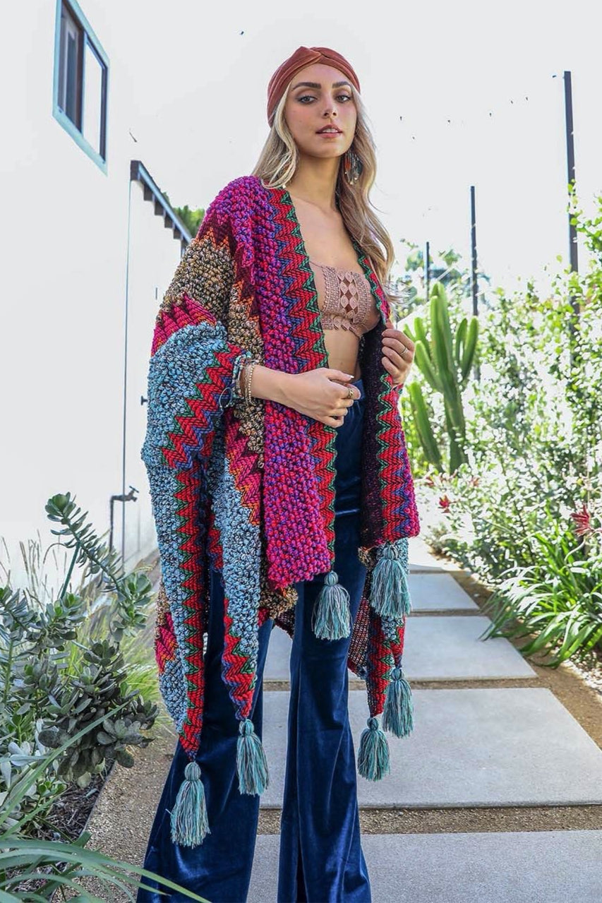 Crochet Patterned Ruana with Tassels - NeoKira Unlimited