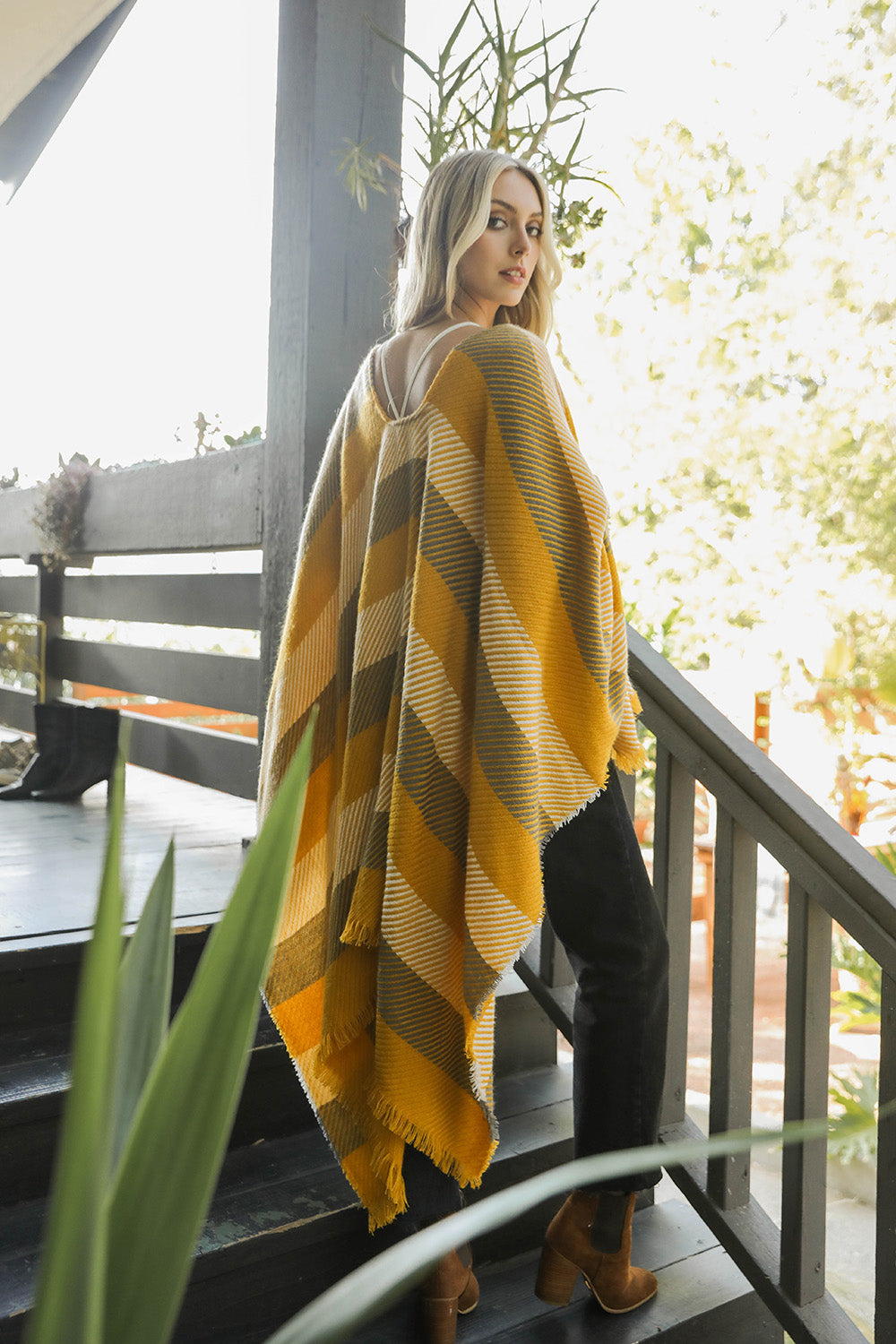 Cuddle Season Striped Knit Poncho Ponchos Leto Collection   