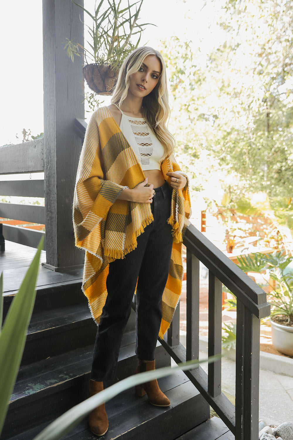 Cuddle Season Striped Knit Poncho Ponchos Leto Collection One Size Mustard 