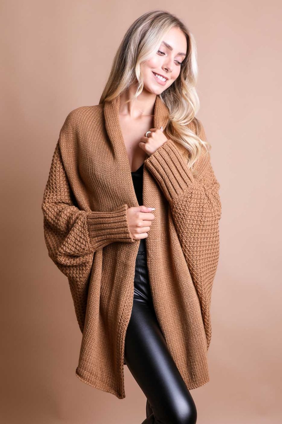 Cuddly Bat Sleeve Knit Cardigan Ponchos One Size / Camel