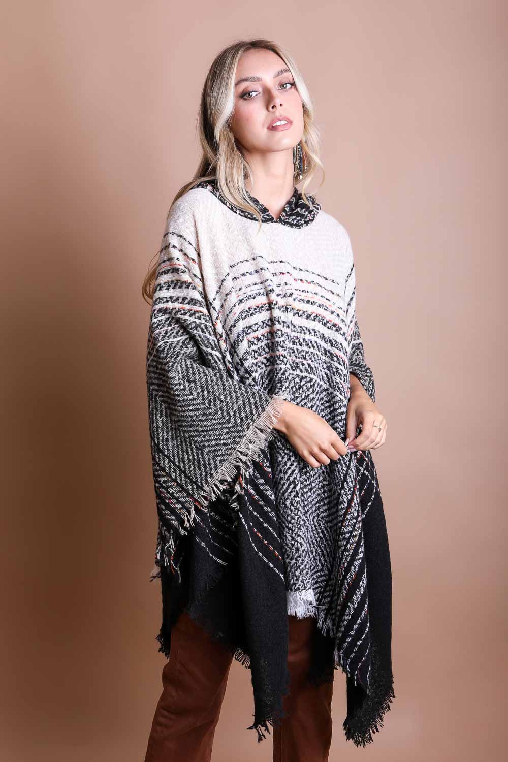 Cuddly Herringbone Hooded Poncho Ponchos Leto Collection   