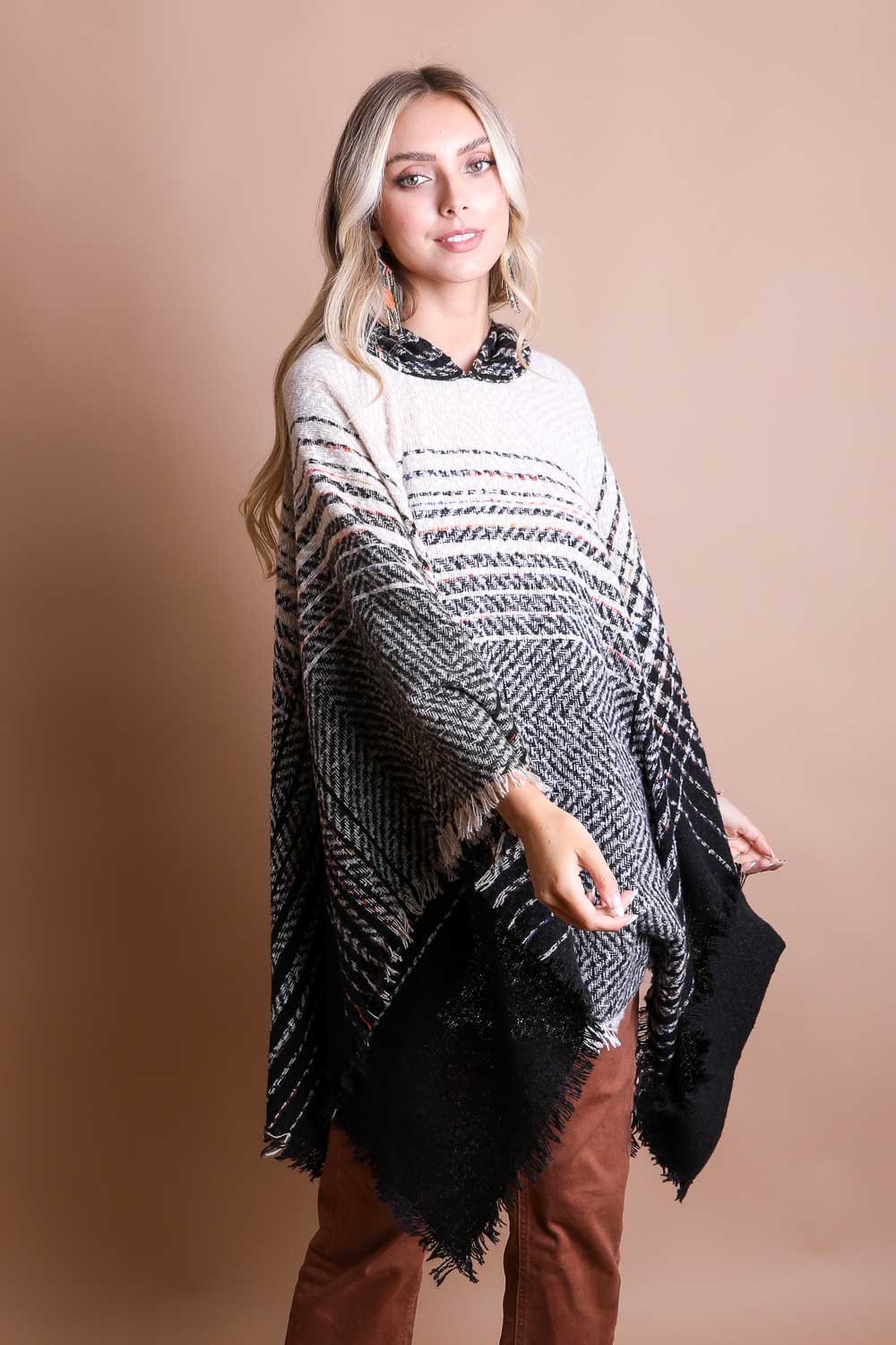 Cuddly Herringbone Hooded Poncho Ponchos Leto Collection   