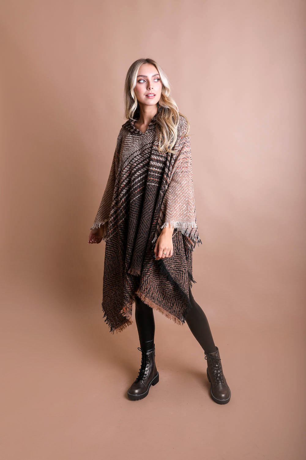 Cuddly Herringbone Hooded Poncho - NeoKira Unlimited