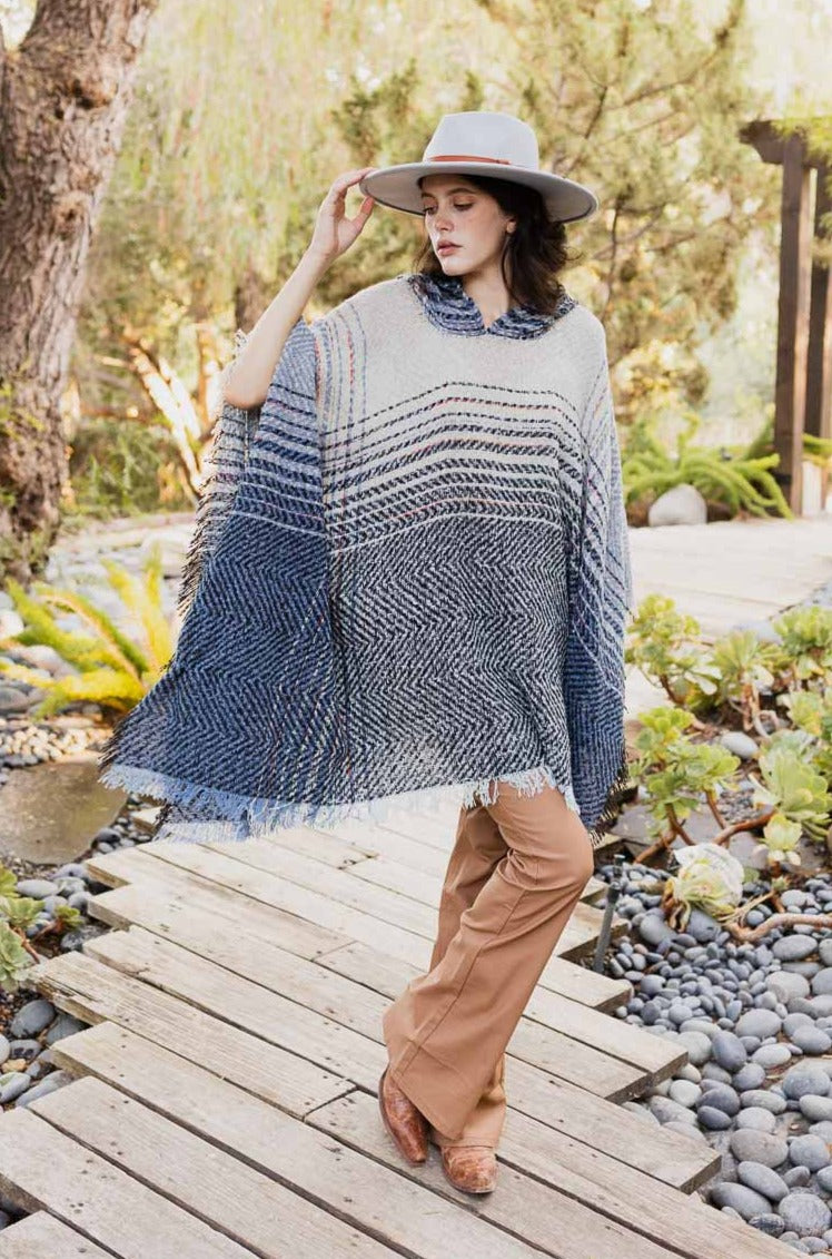 Cuddly Herringbone Hooded Poncho Ponchos Leto Collection One Size Blue 