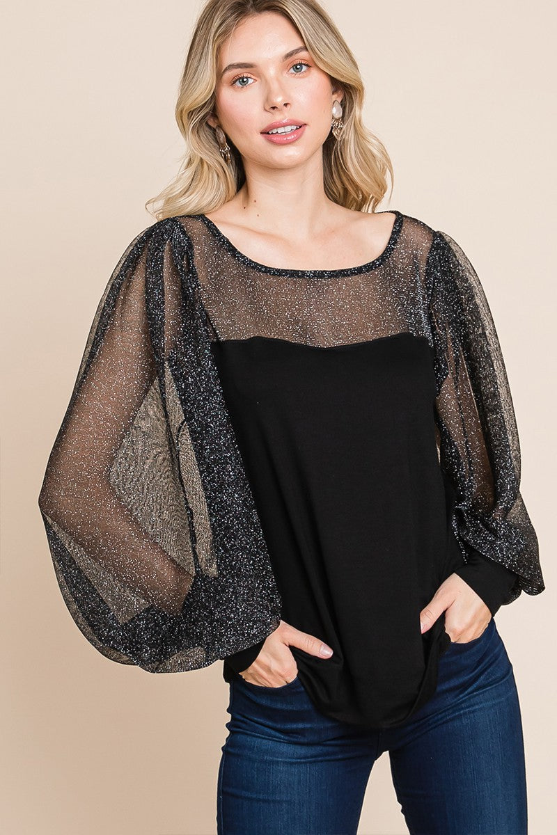 Super Lady Full Size Metallic Mesh Lantern Sleeve Blouse - NeoKira Unlimited