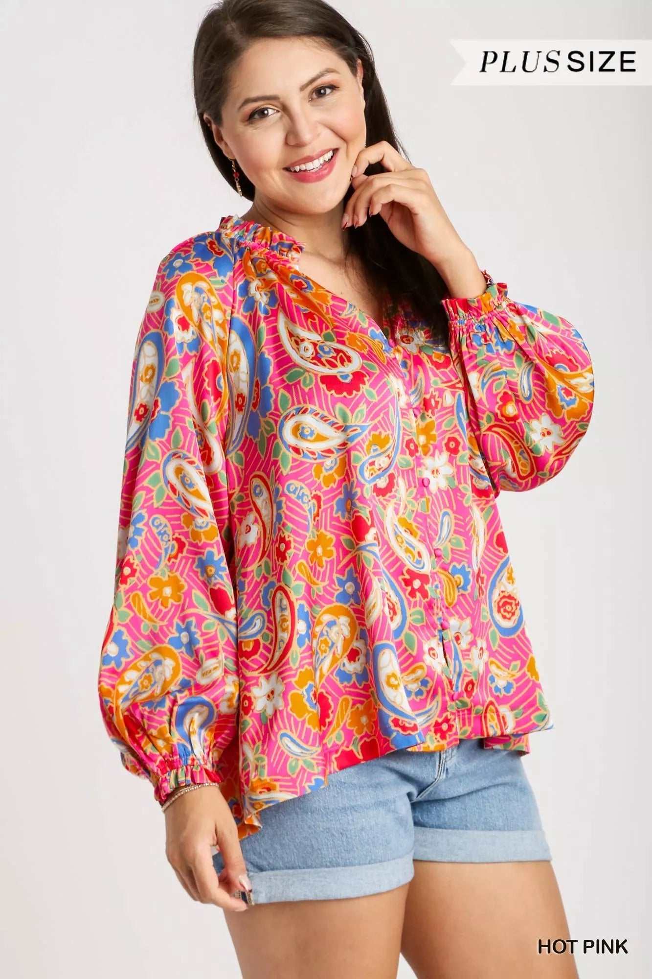 Umgee Boho Luxe Plus Size Satin Paisley Ruffle Neck Button Up Shirt - NeoKira Unlimited