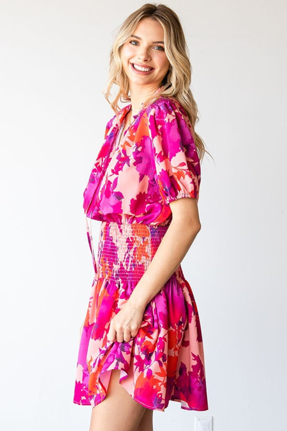 First Love Floral Print Mini Dress with Ruffled Neckline and Smocked Detail - NeoKira Unlimited