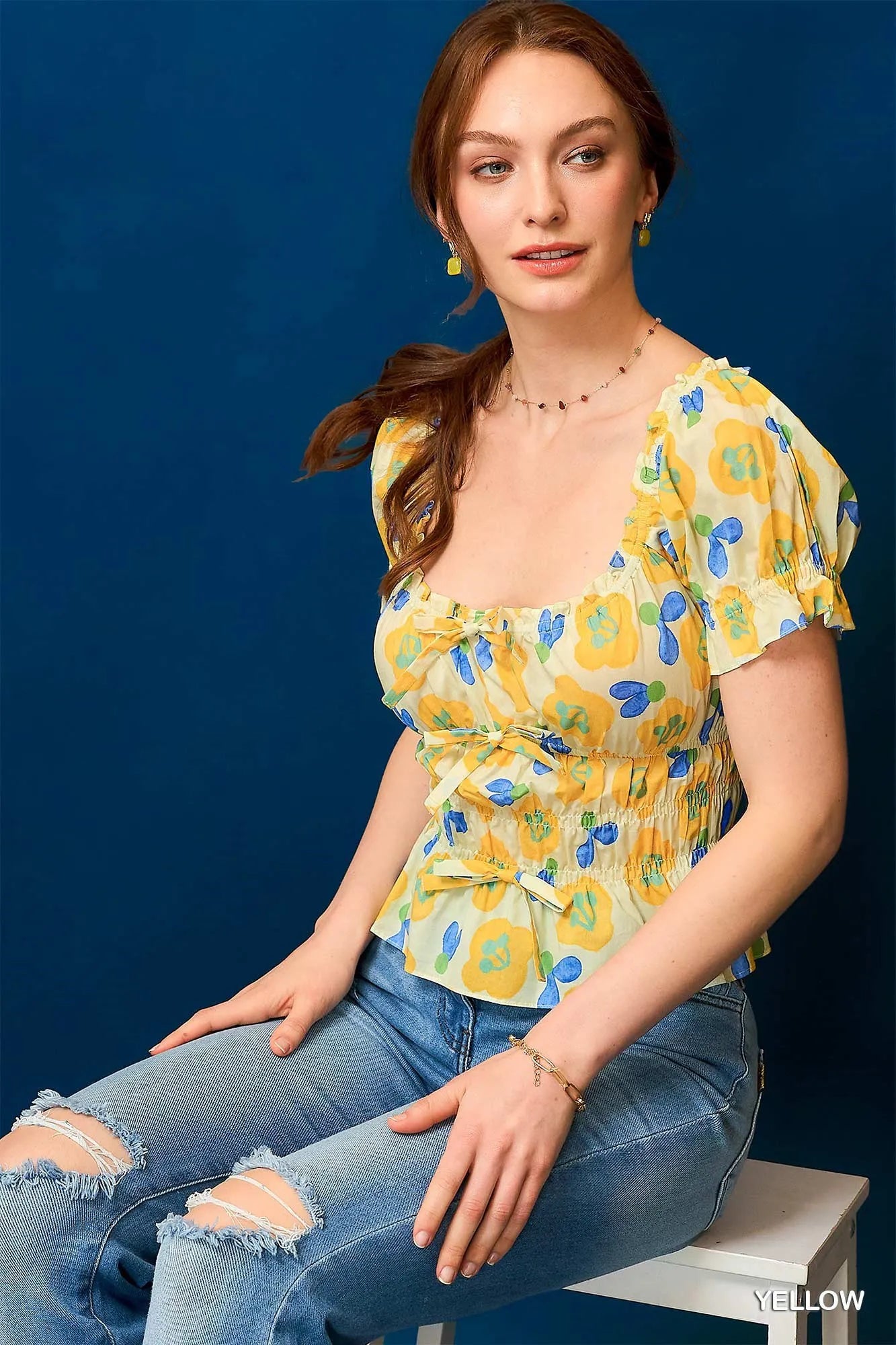 Umgee Yellow Floral Smocked Peplum Blouse With Short Sleeves - NeoKira Unlimited