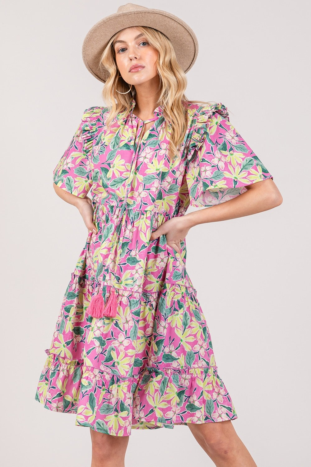 SAGE + FIG Floral Ruffle Short Sleeve Dress - NeoKira Unlimited