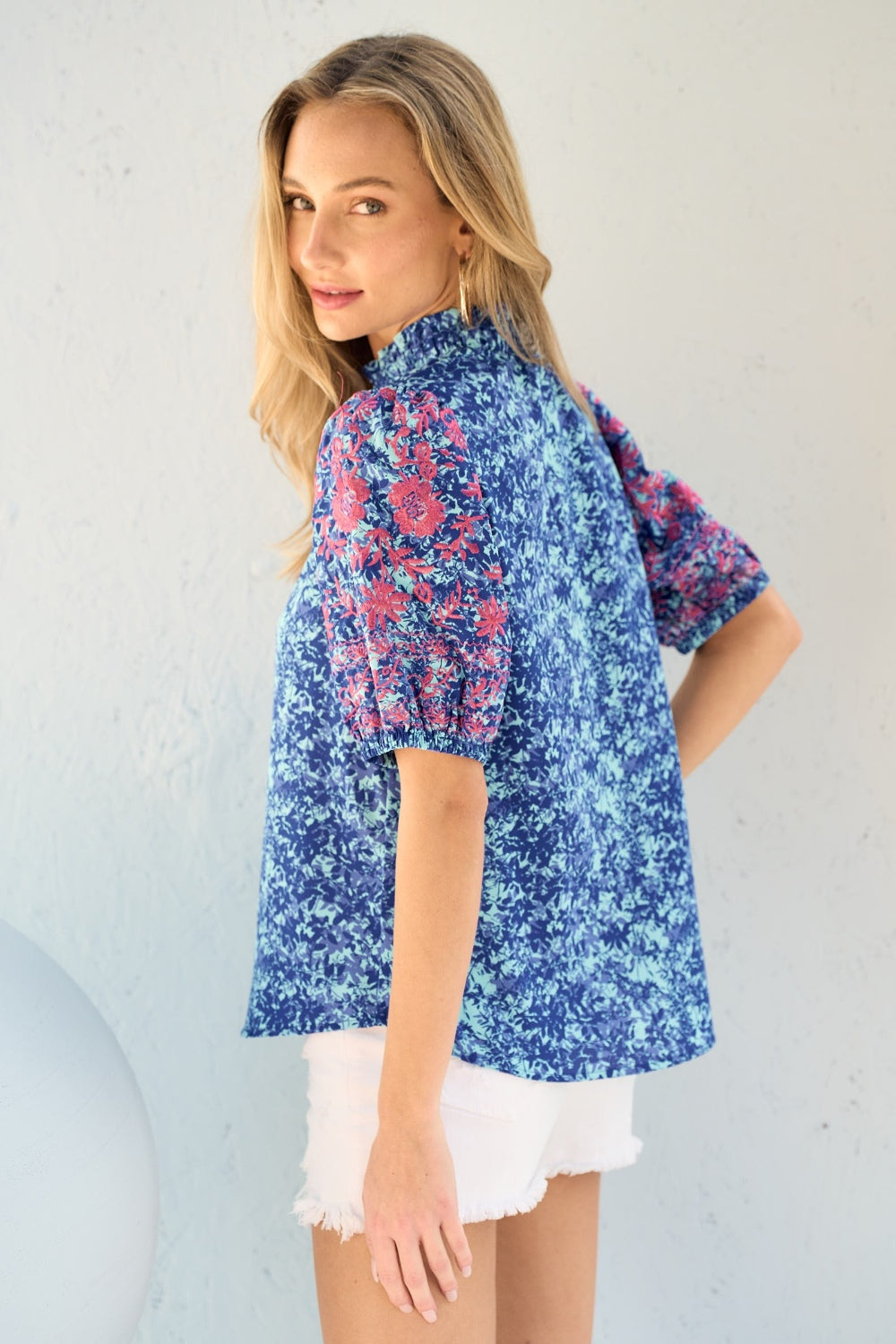 Hailey & Co Embroidered Puff Sleeve Printed Blouse Top Trendsi   