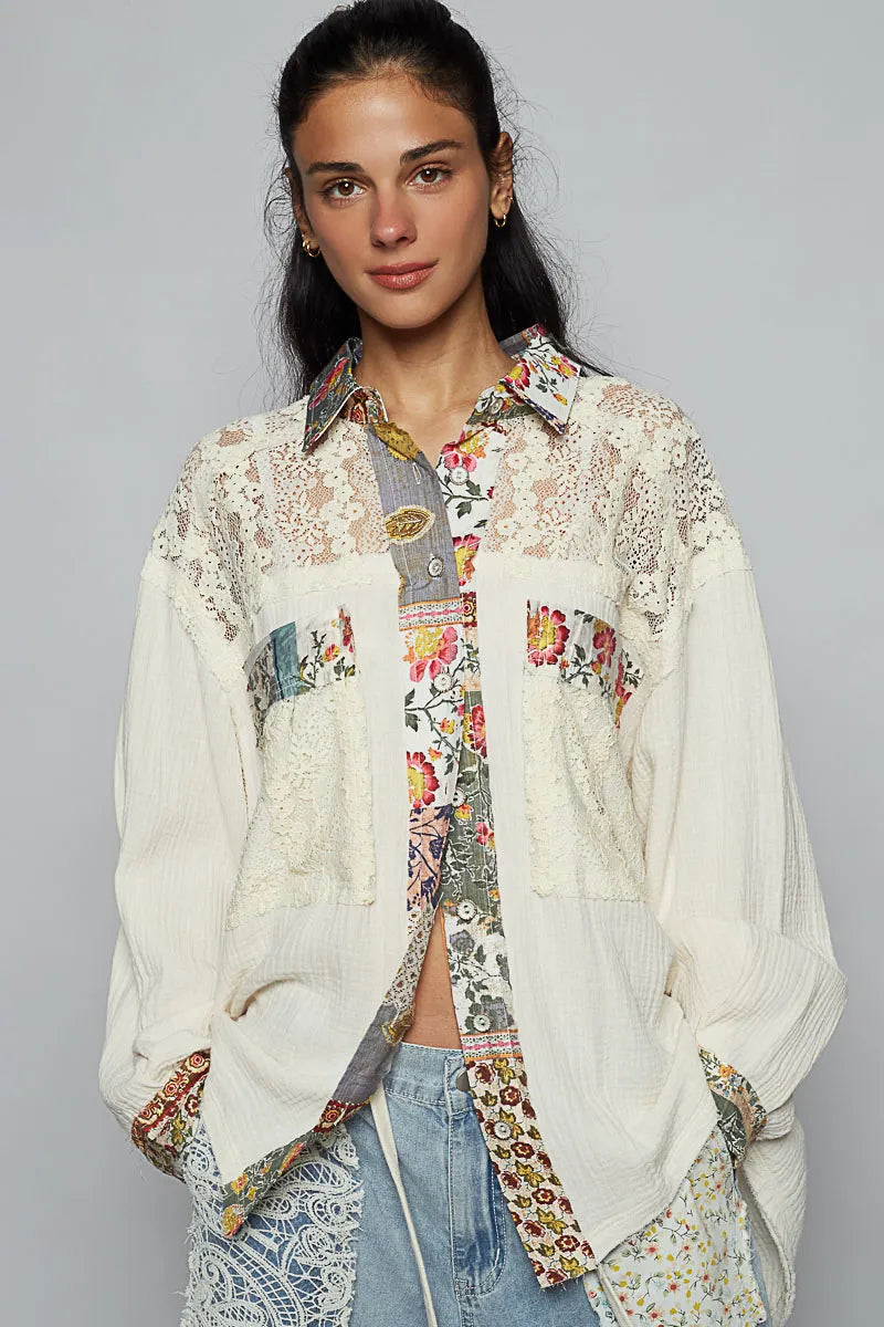 POL Lace Patchwork Floral Trim Long Sleeve Shirt - NeoKira Unlimited
