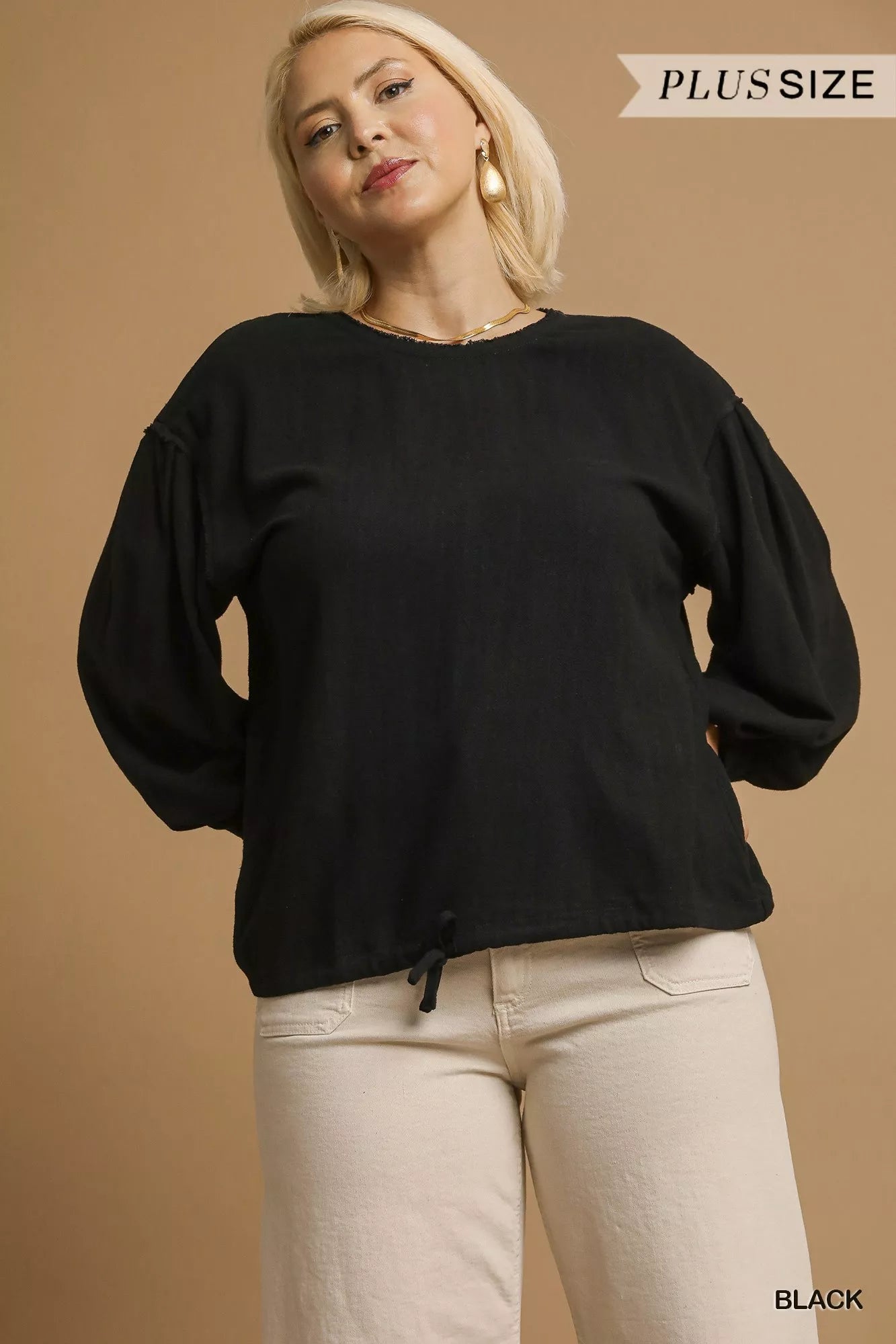 Umgee Linen Long Sleeve Drawstring Top Plus Size Blouse - NeoKira Unlimited