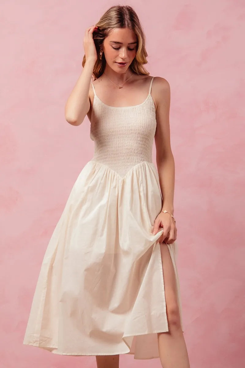 SO ME Smocked Casual Midi Dress With Slit And Spaghetti Straps - NeoKira Unlimited