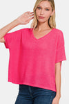 Zenana Drop Shoulder Short Sleeve Jacquard Knit Top Top Trendsi Fuchsia S/M 