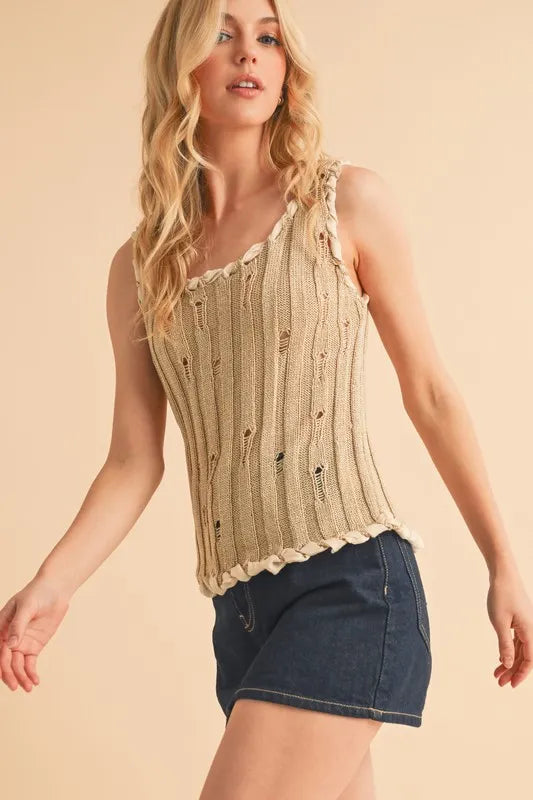 Aemi+Co Distressed Detail Round Neck Knit Tank - NeoKira Unlimited