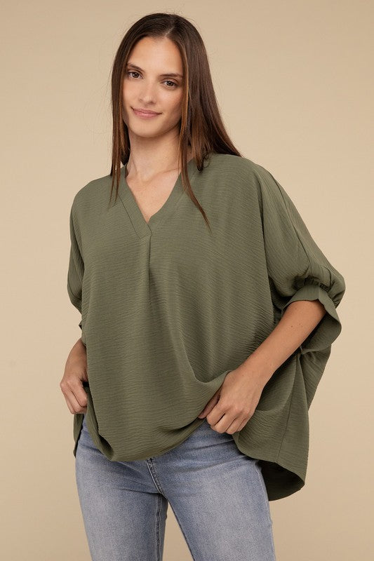 Woven Airflow V-Neck Puff Half Sleeve Top - NeoKira Unlimited