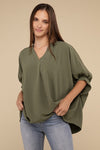 Woven Airflow V-Neck Puff Half Sleeve Top Top ZENANA   