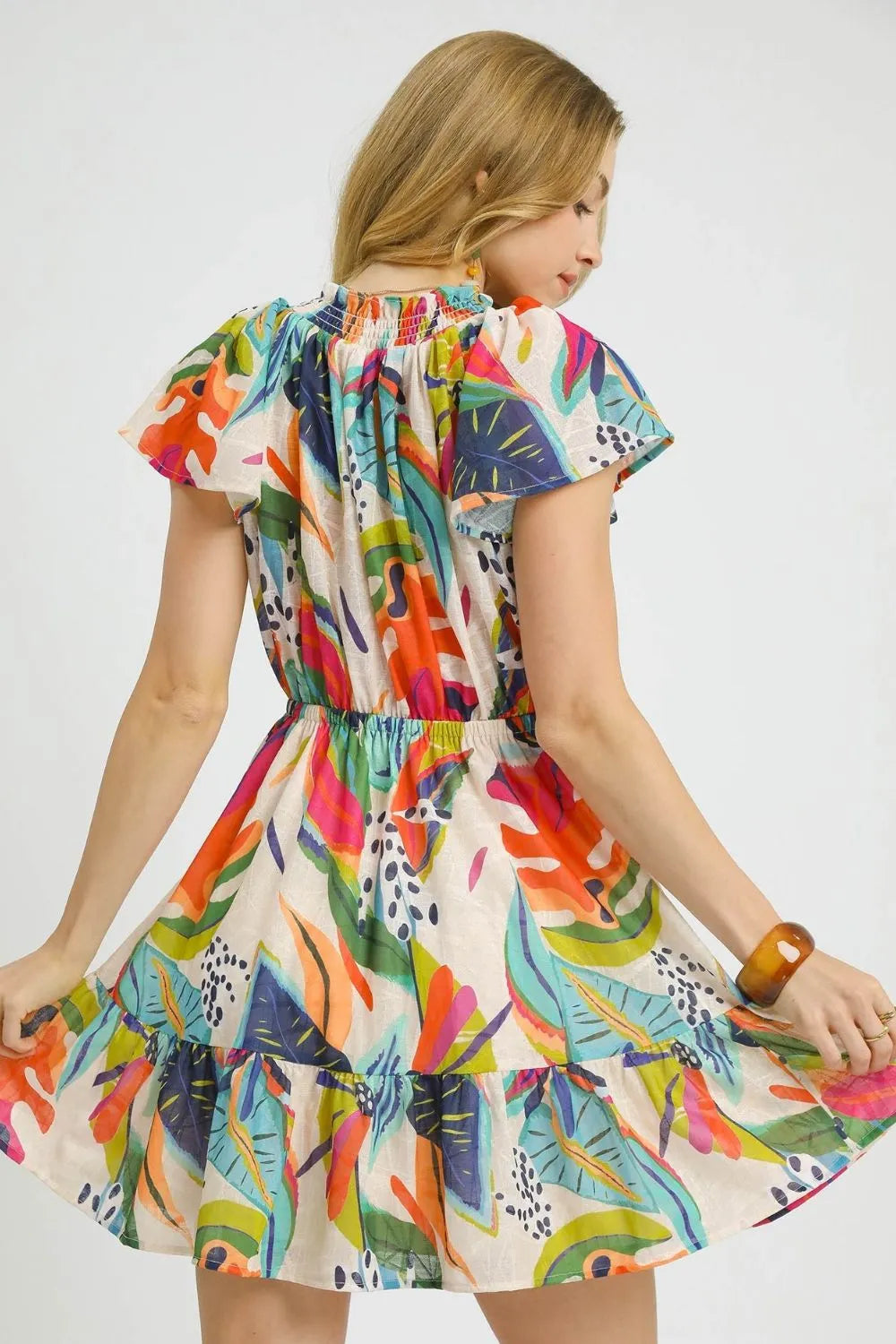 Umgee Tropical Print Smocked Mini Dress Tie Neck and Flutter Sleeves - NeoKira Unlimited