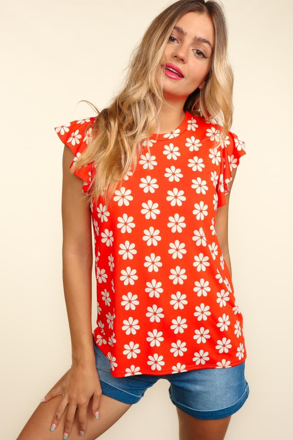 Haptics Round Neck Ruffled Floral Contrast Knit Top Top Trendsi   