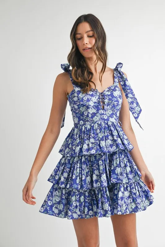MABLE Floral Print Shoulder Tie Layered Mini Dress - NeoKira Unlimited