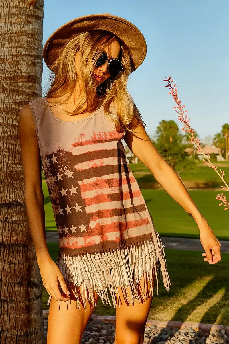 BiBi Distressed Flag Fringe Tank Top – Boho Americana Vibes - NeoKira Unlimited
