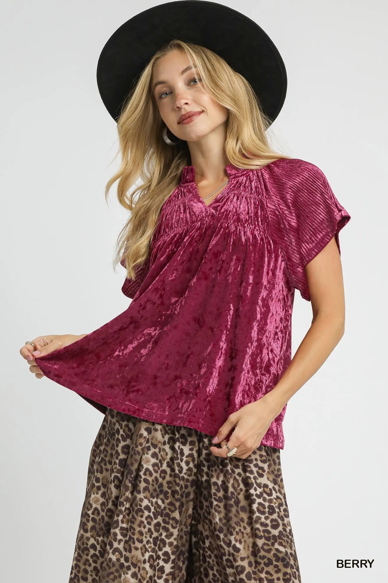 Umgee Crushed Velvet Pleated Blouse Boho Chic Luxe - NeoKira Unlimited