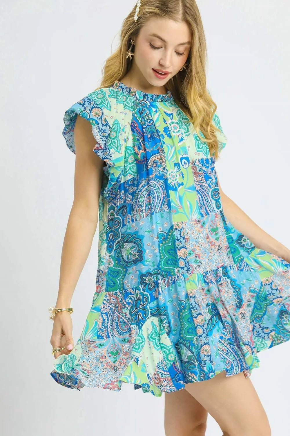 Umgee Blue Paisley Ruffle Mini Dress – Boho Resort Vibes - NeoKira Unlimited